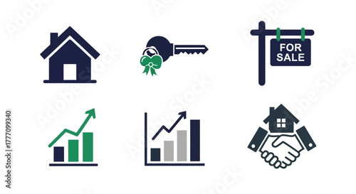 Modern Real Estate Vector Icons, house, key, and growth chart for agents and listings