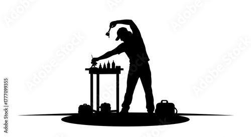 Dedicated artist meticulously painting miniature figures with brushes and paints, showcasing creative passion and intricate craftsmanship, perfect for art studios and hobbyist marketing.