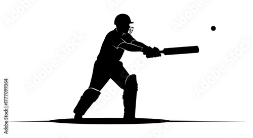 Dynamic silhouette of a cricket batsman powerfully swinging a bat to hit a ball, capturing the intensity and action of the sport with a modern, clean aesthetic perfect for sports branding.