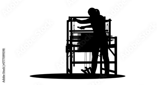 Skilled artisan silhouette meticulously weaving intricate patterns on a traditional loom, preserving heritage crafts and textile artistry with focused dedication.