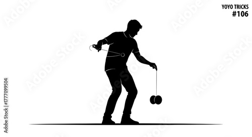 Dynamic silhouette of a skilled person expertly performing a complex yoyo trick, showcasing precision and fluid motion in a minimalist style