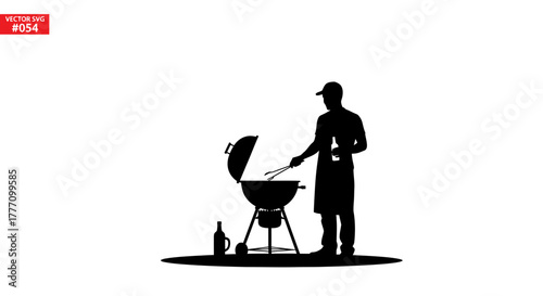 Backyard barbecue silhouette featuring a man grilling with tongs and holding a drink, perfect for summer cookouts, gatherings, and outdoor lifestyle promotions