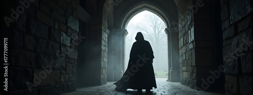 Mysterious figure wearing a cloak standing in a dimly lit archway  