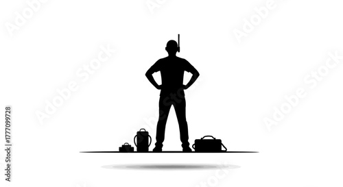 Confident security guard silhouette standing watch with radio antenna and bags, ensuring safety and protection with unwavering vigilance, perfect for security services promotions