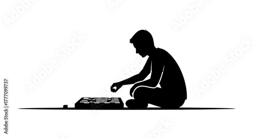 Engrossed in Strategy A Silhouette of a Player Concentrating on a Game of Checkers, Focused Mind, Skill Development, Creative Mind, Intellectual Challenge, Game Strategy, Critical Thinking