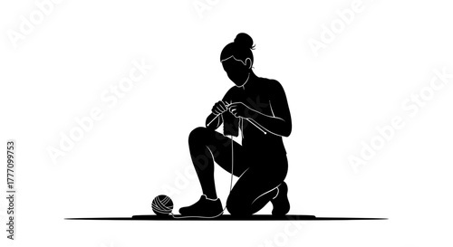 Creative Silhouette Artwork of a Woman Knitting, Perfect for Crafting and Design Projects, Capturing the Essence of Handmade Art, and Knitting Hobby with a Modern Artistic Touch