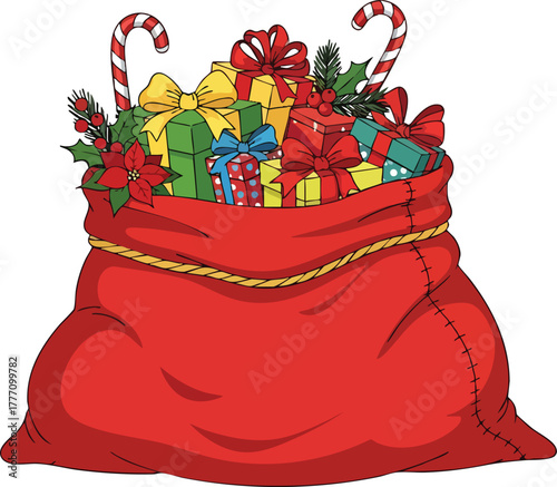 Santa's magical sack is brimming with colorful Christmas presents and joyful candy canes, ready to spread holiday cheer and happiness this season