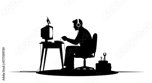 Immersed gamer engrossed in virtual world, headphones on, intensely focused on retro computer screen with joystick in hand for ultimate digital adventure