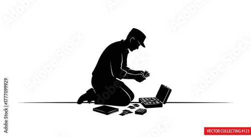 Man kneeling with open briefcase and cards, meticulously counting or organizing assets, symbolizing financial management or a strategic game.