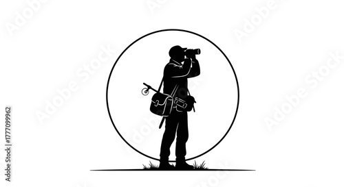 Focused outdoorsman with binoculars and gear scans horizon, embodying adventure and keen observation for exploration and nature pursuits.