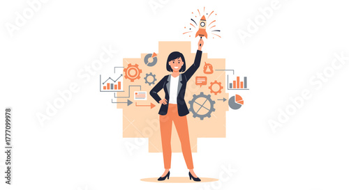 A confident businesswoman stands proudly, holding a rocket, symbolizing successful business launch and achievement in a competitive market.