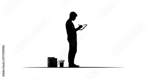 Focused designer sketches on tablet with art supplies nearby, capturing creative workflow and digital artistry in a modern, minimalist style