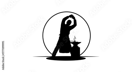 Skilled blacksmith forging metal with powerful hammer swings, a dynamic silhouette capturing traditional craft and dedication within a bold circular emblem, perfect for branding.