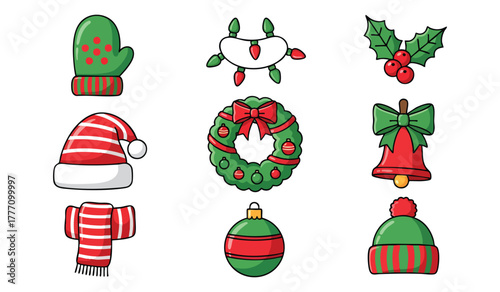 Delightful holiday spirit with festive cartoon elements, spread Christmas cheer with these adorable winter decorations for cards and joyful designs