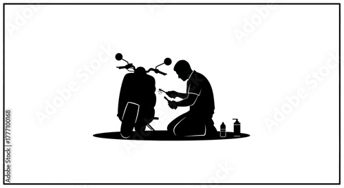 Dedicated mechanic meticulously repairs a vintage scooter, showcasing precision and passion for two-wheeled transport, ideal for automotive services and lifestyle content.