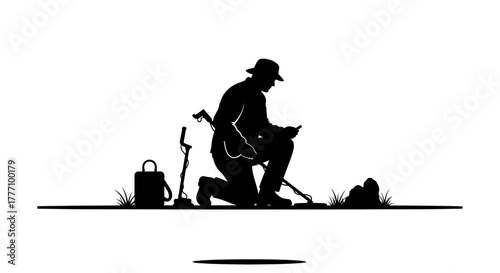 Determined treasure hunter meticulously searching with metal detector, uncovering secrets in the field, a silhouette of adventure and discovery awaits.