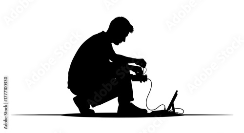 Focused technician intently working with electronic device and tablet, showcasing innovation and intricate detail in a modern setting, perfect for tech presentations and digital projects.