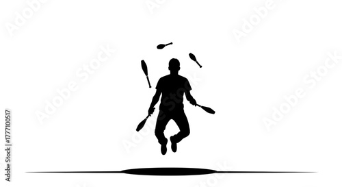 Dynamic performer skillfully juggles multiple pins mid air, showcasing incredible talent and focus, a captivating scene of athleticism and mastery.