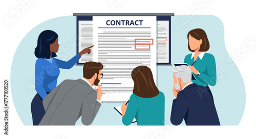 A business team gathers around a contract document, collaborating and discussing the terms of the agreement in a professional setting.