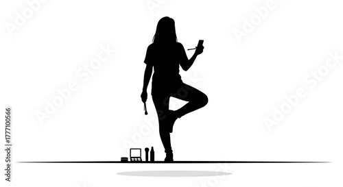 Dynamic silhouette of a woman applying makeup with precision and grace, surrounded by essential beauty tools, embodying modern self care and artistry in a sleek, minimalist presentation.