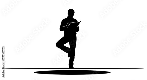Focused individual balances on one leg while diligently taking notes in a modern abstract setting, symbolizing creativity and clear thinking for professional projects and innovative ideas.
