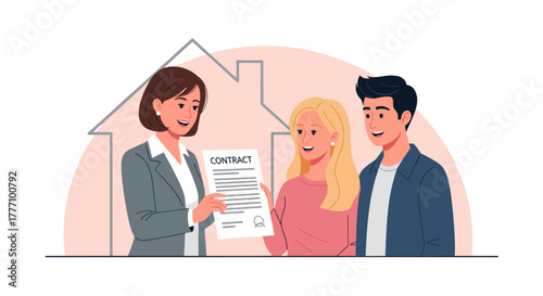 A real estate agent presents a contract to a happy couple, symbolizing the dream of homeownership and a significant life decision.