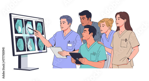 A team of medical professionals analyzes X-ray images on a computer screen, collaborating to diagnose and plan patient care in a hospital setting.