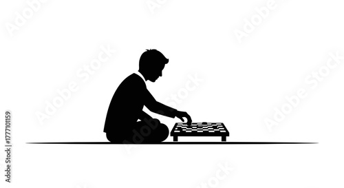 Focused silhouette of a man engrossed in a strategic board game, embodying concentration and thoughtful decision-making, perfect for business concepts, team building, or problem-solving visuals