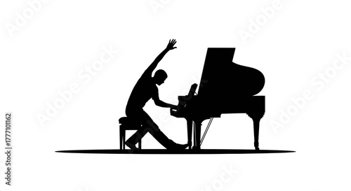 Dynamic silhouette of a pianist passionately performing on grand piano, evoking emotion and musical artistry for creative projects.