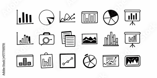 Doodle style icons of various charts and graphs including bar, pie, line, and presentation charts drawn in black