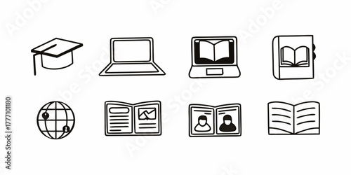 Illustration of education symbols including graduation cap laptop books and globe in black and white