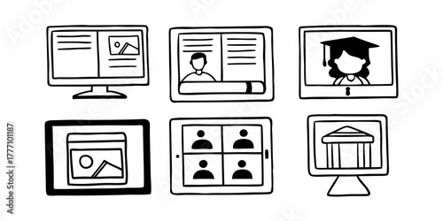 Illustration of six screens showing online content including video calls and educational resources online learning