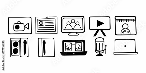 Illustration of video camera, documents, computer, play button, calendar, notebook, laptop, and microphone