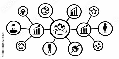 Illustration of a network diagram with business icons connected to a central team symbol image