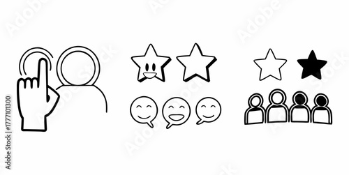 Illustration depicting user interaction, rating stars, feedback smiles, and a group of people icons
