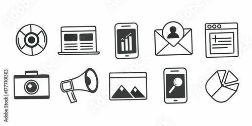 A collection of ten hand drawn icons featuring a camera, phone, envelope, and other business related items