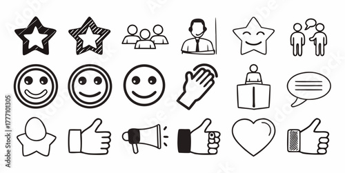 Collection of hand drawn social interaction icons including stars, people, and thumbs up icons