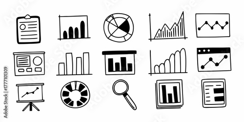 Doodle style illustrations featuring various data visualization charts and business related elements displayed