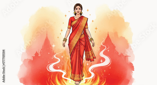 An illustration of a woman in red traditional attire standing with an ethereal glow.