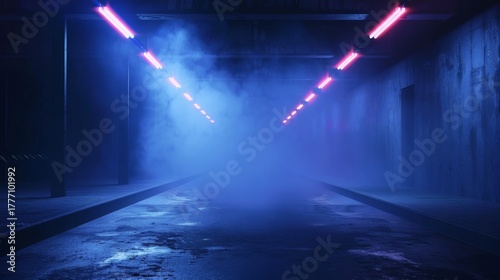 Fototapeta Naklejka Na Ścianę i Meble -  Mysterious blue and pink neon lights illuminate a dimly lit, foggy urban passageway