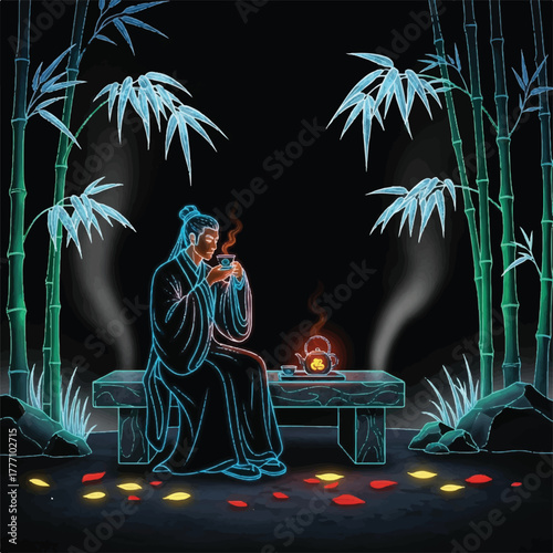 A serene figure in traditional attire enjoys tea amidst glowing bamboo and a tranquil garden scene.