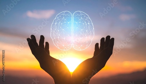 Digital brain held at sunset
