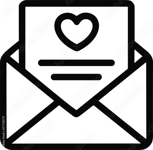 Black outline heart on letter inside open envelope vector icon
