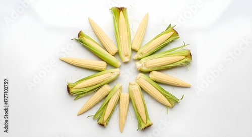 Baby Corn Arrangement – Fresh Vegetables Top View on White Background
