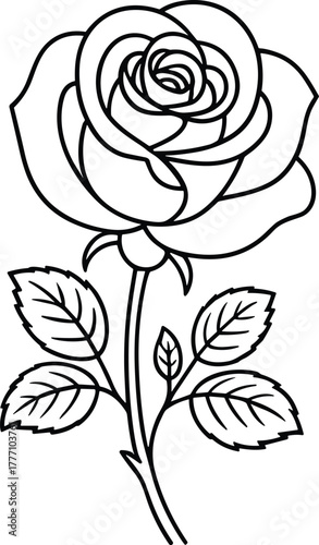 Black outline of a rose with stem and leaves on a white background