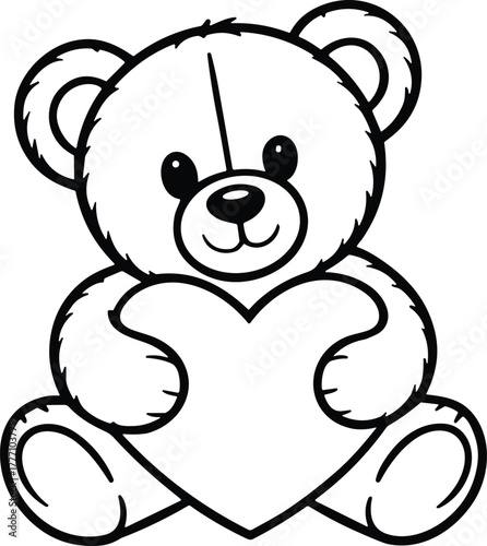Black line art teddy bear holding a heart on white background