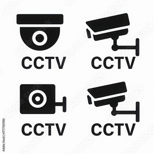 Four black CCTV camera icons on white background, each with text CCTV below. icons vary in design, showcasing different styles of surveillance cameras