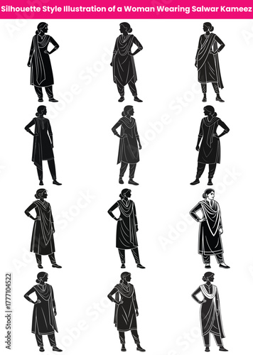 Salwar Kameez Silhouette Illustrations Women's Traditional Indian Clothing Designs in Black and White Style