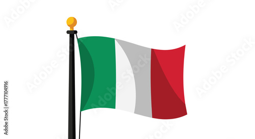 The national flag of Italy, featuring green, white, and red vertical stripes, waving on a flagpole against a clean white background.