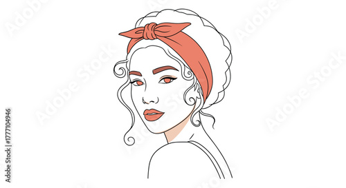 An illustrated portrait of a stylish young woman wearing a coral headband, looking over her shoulder with a direct gaze.